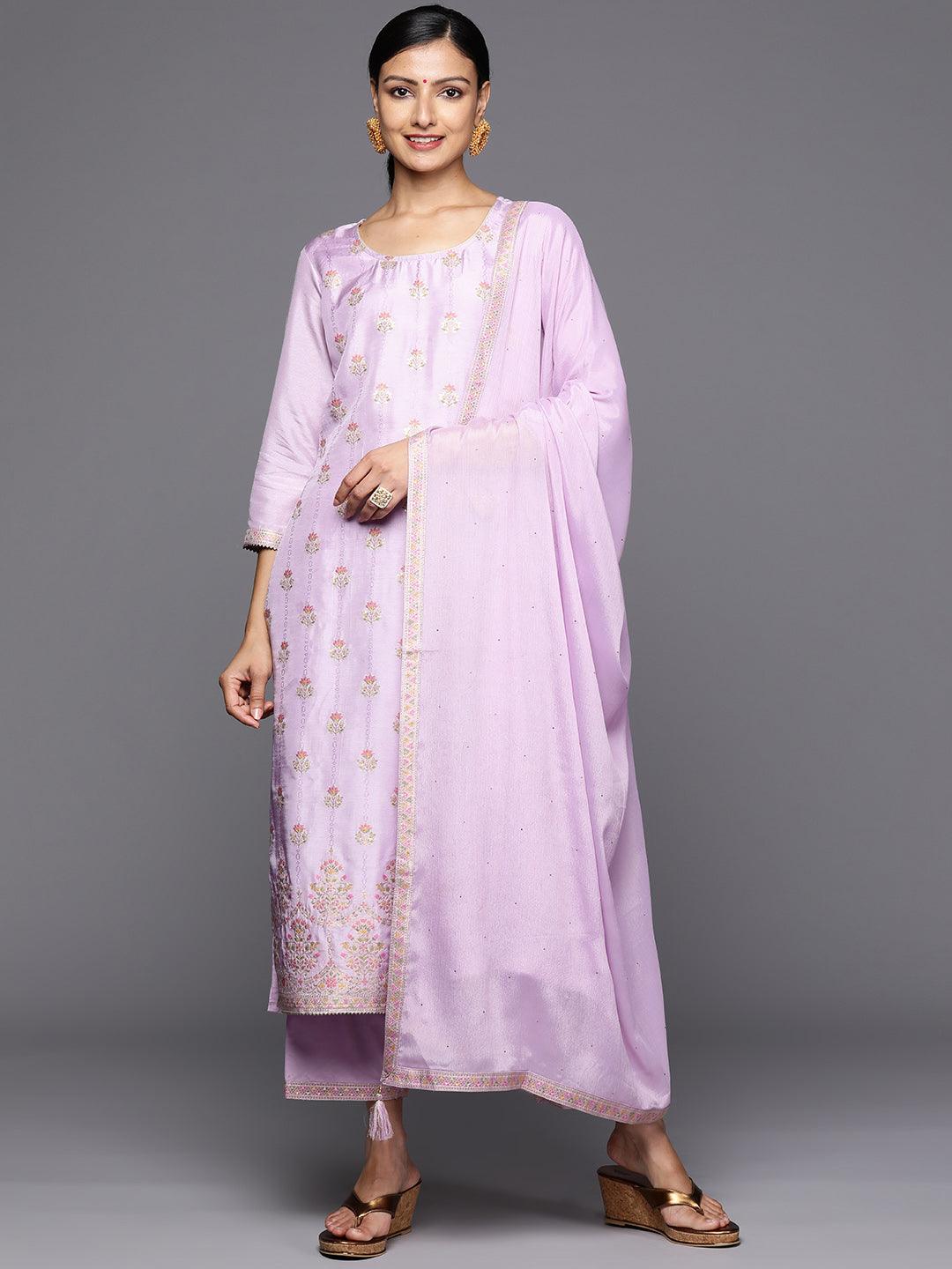 Lavender Woven Design Silk Blend Straight Kurta With Trousers & Dupatta - Jashvi