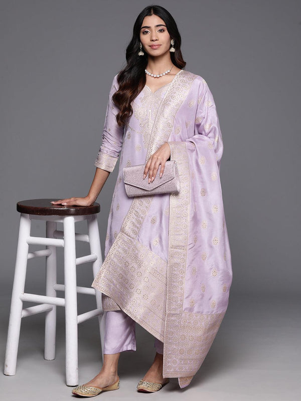 Lavender Woven Design Silk Blend Straight Kurta With Trousers & Dupatta - Jashvi