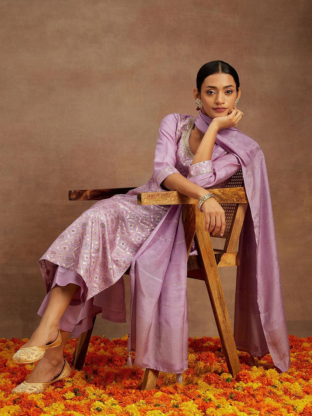 Lavender Woven Design Silk Blend Straight Kurta With Trousers & Dupatta - Jashvi