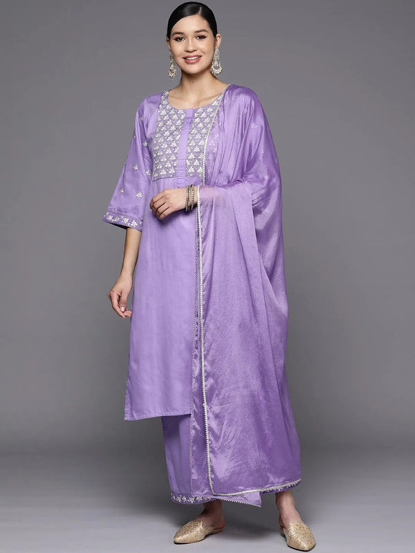 Lavender Yoke Design Silk Blend Straight Kurta With Palazzos & Dupatta - Jashvi