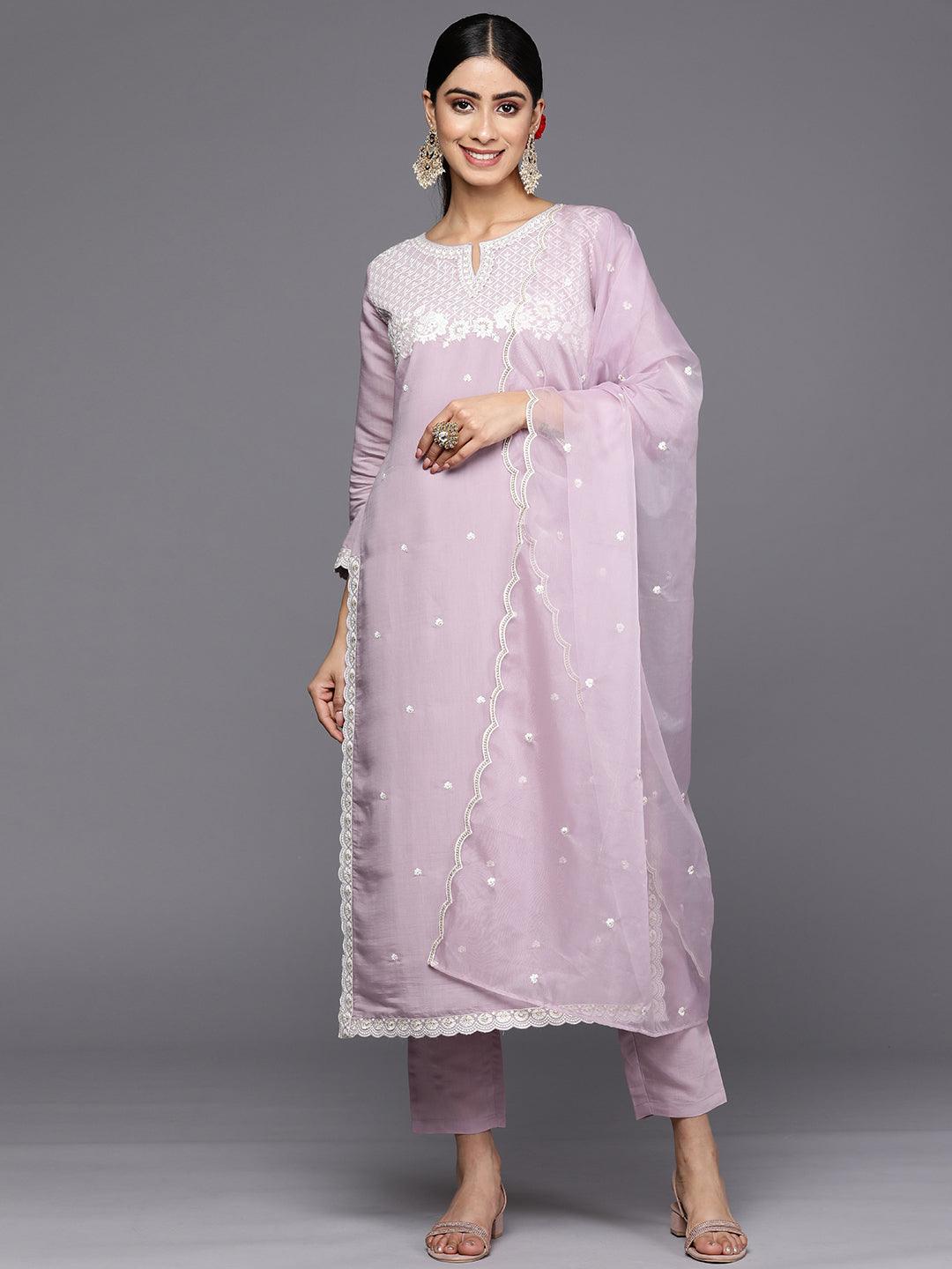 Lavender Yoke Design Silk Blend Straight Suit Set With Trousers - Jashvi