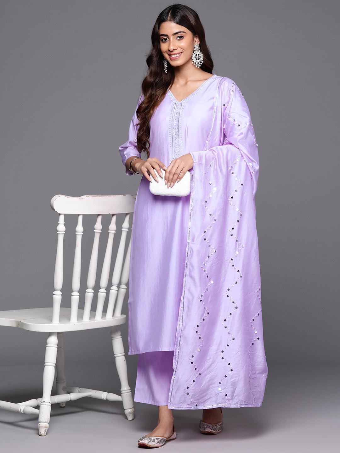 Lavender Yoke Design Silk Blend Straight Kurta With Trousers & Dupatta - Jashvi