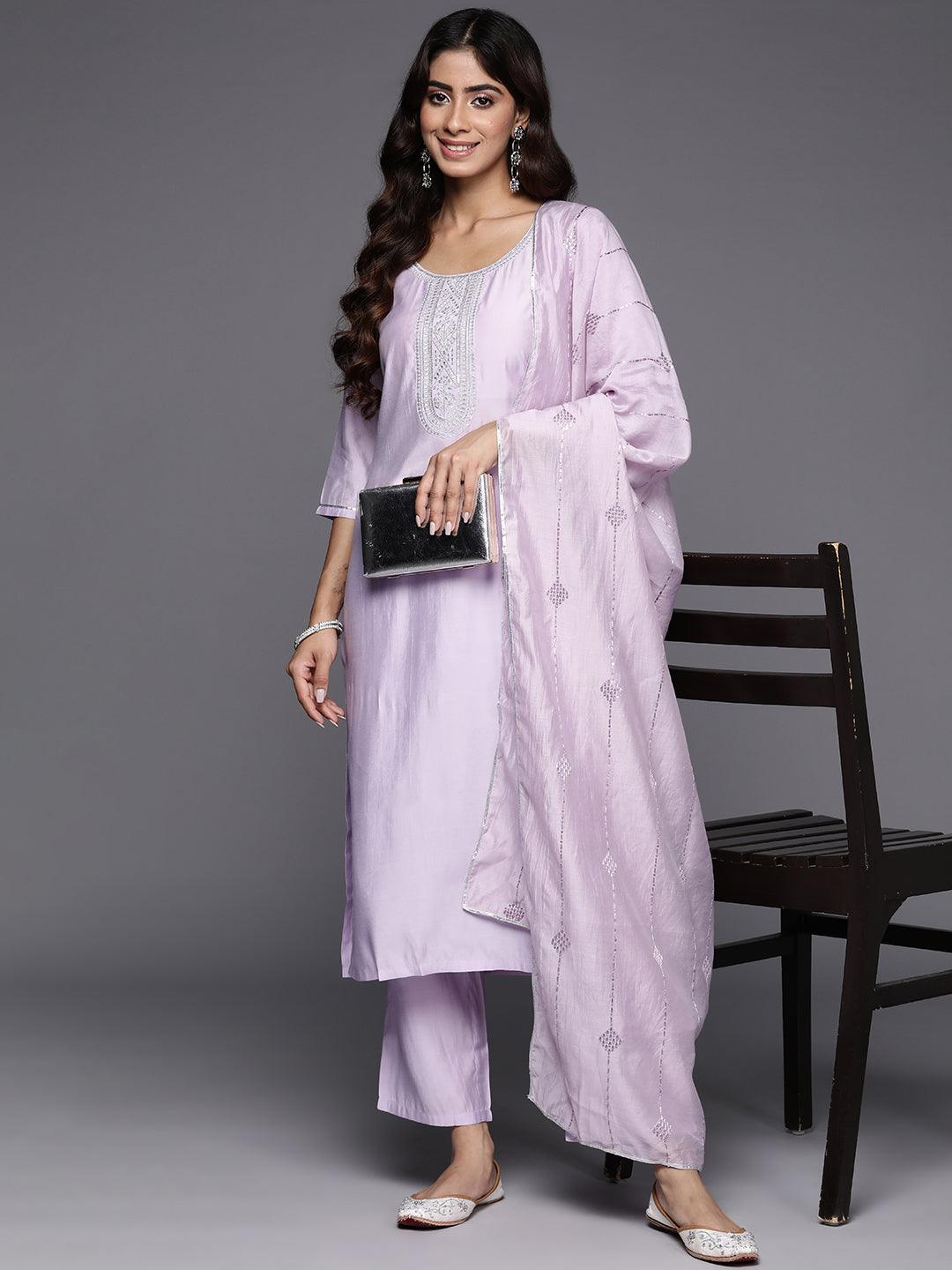 Lavender Yoke Design Silk Blend Straight Kurta With Trousers & Dupatta - Jashvi