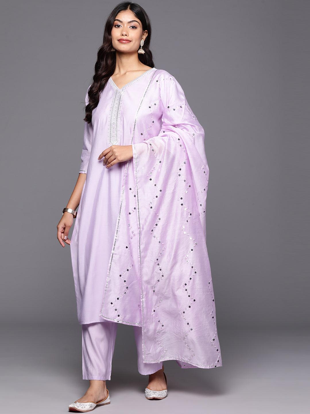 Lavender Yoke Design Silk Blend Straight Kurta With Trousers & Dupatta - Jashvi