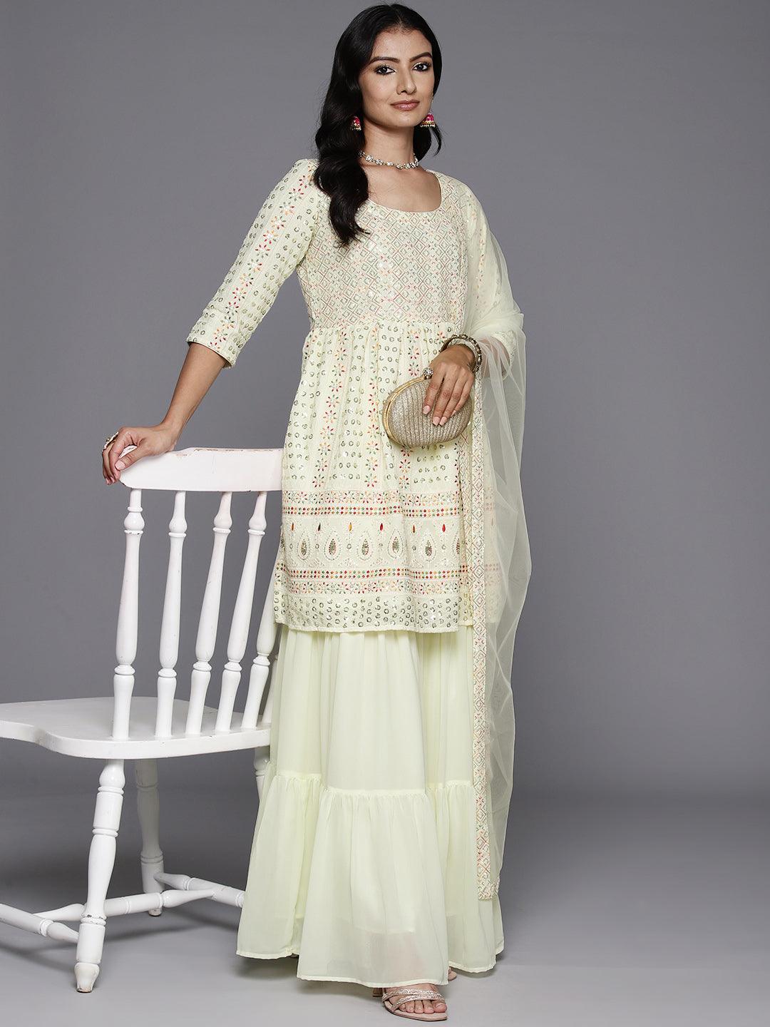 Lemon Embroidered Georgette A-Line Kurti With Sharara & Dupatta - Jashvi