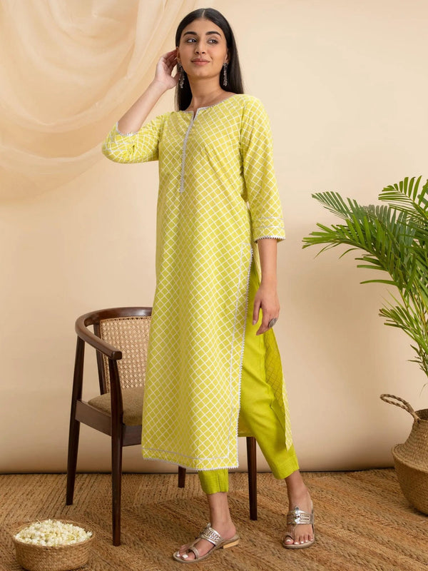 Lemon Green Printed Cotton Kurta - Jashvi