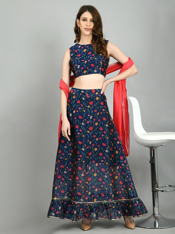 Navy Blue Chanderi Printed Sleeveless Round Neck Casual Blouse Lehenga Dupatta Set - Myshka