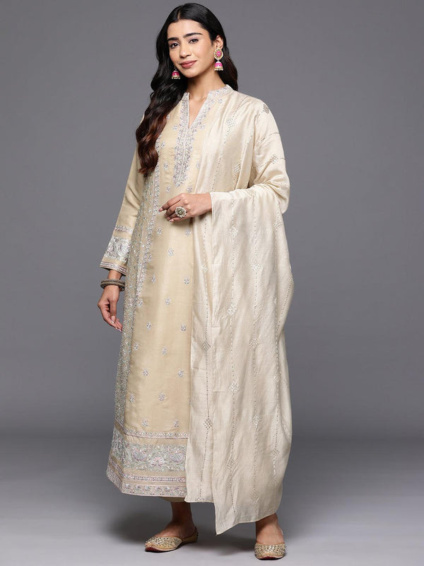 Jashvi Art Beige Embroidered Silk Blend A-Line Kurta With Trousers & Dupatta - Jashvi