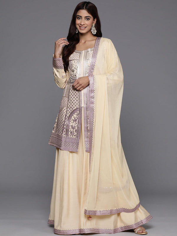 Jashvi Art Beige Embroidered Silk Blend Straight Kurta With Palazzos & Dupatta - Jashvi