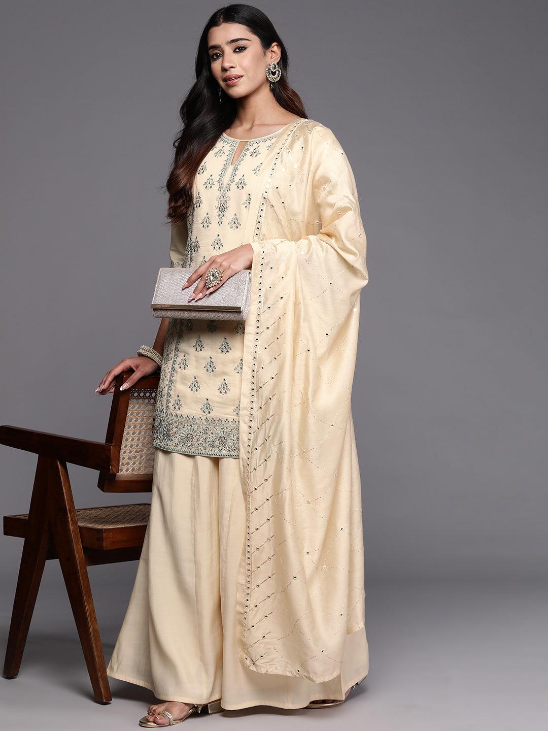 Jashvi Art Beige Embroidered Silk Blend Straight Kurta With Palazzos & Dupatta - Jashvi