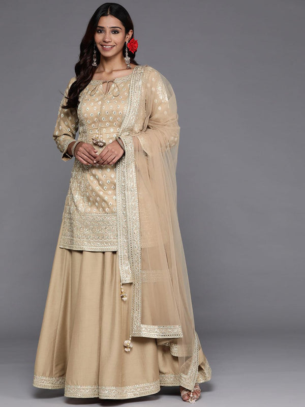 Jashvi Art Beige Embroidered Silk Straight Suit Set - Jashvi