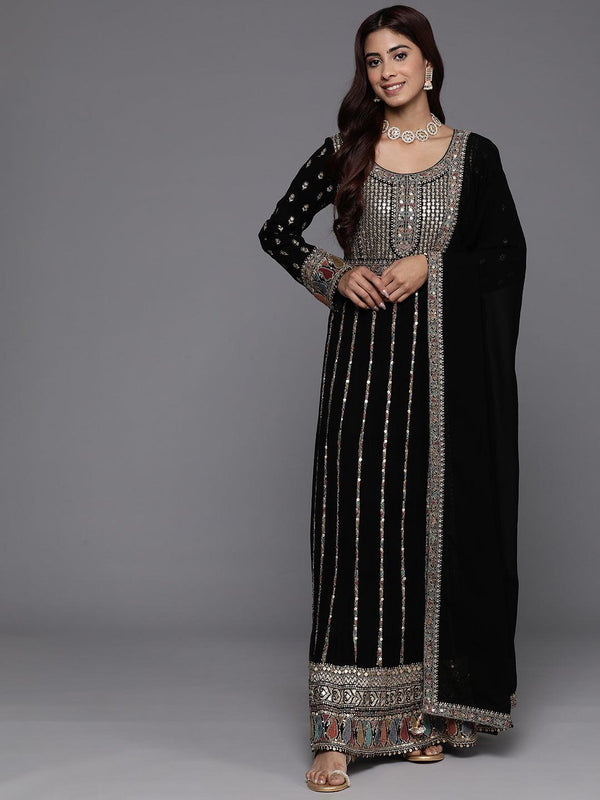 Jashvi Art Black Embroidered Georgette A-Line Kurta With Palazzos & Dupatta - Jashvi