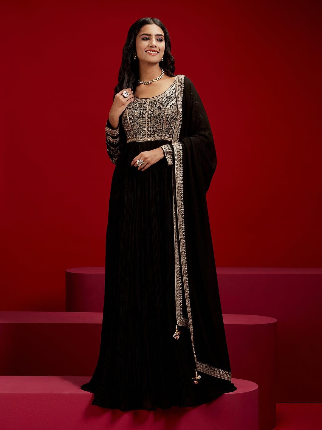 Jashvi Black Embroidered Georgette Anarkali Kurta With Trousers & Dupatta - Jashvi