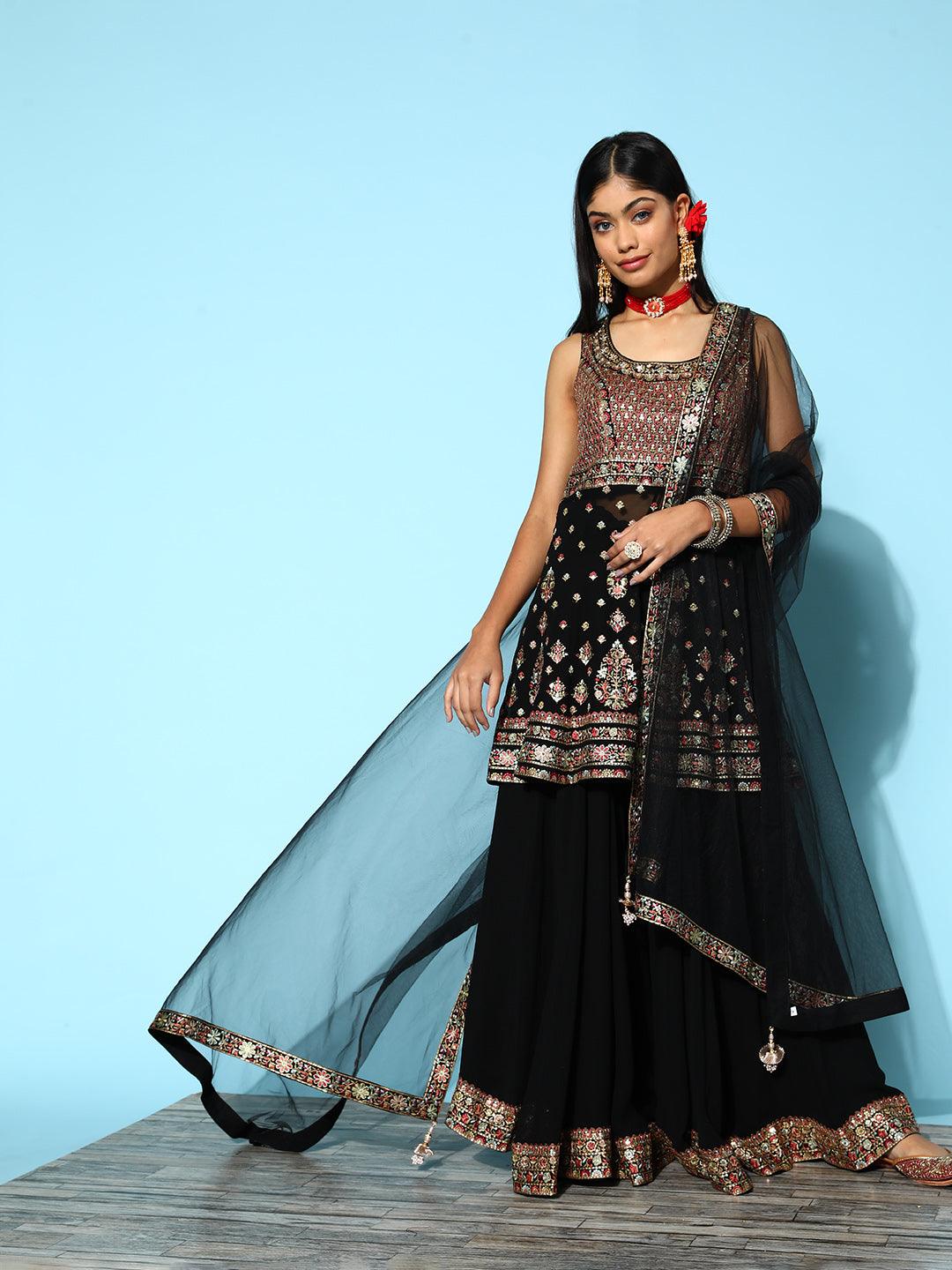 Jashvi Art Black Embroidered Georgette Peplum Suit Set With Palazzos - Jashvi