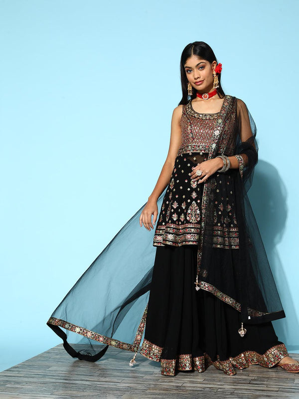 Jashvi Art Black Embroidered Georgette Peplum Suit Set With Palazzos - Jashvi