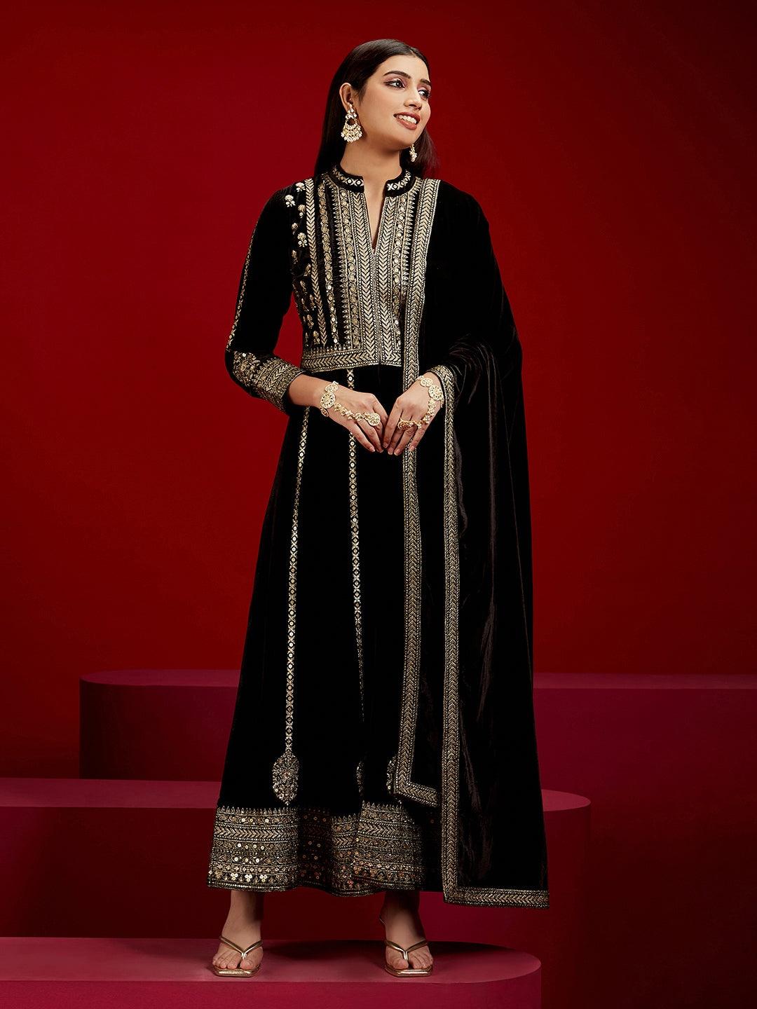 Jashvi Art Black Embroidered Velvet A-Line Kurta With Trousers & Dupatta - Jashvi