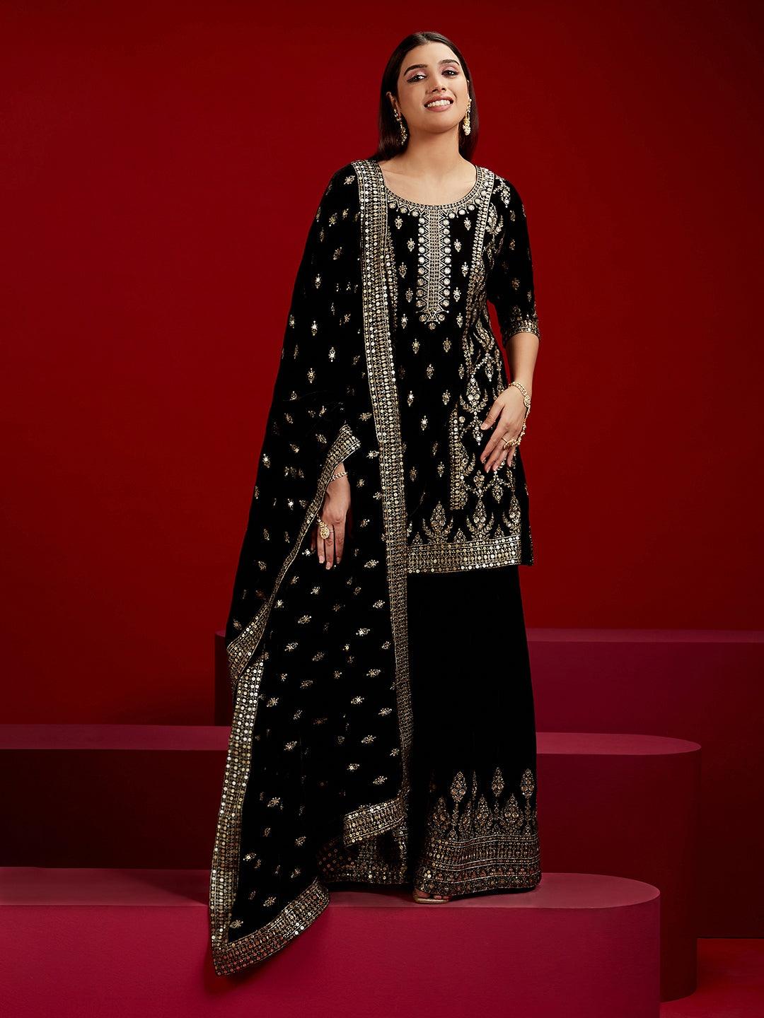 Jashvi Art Black Embroidered Velvet Straight Kurta With Palazzos & Dupatta - Jashvi