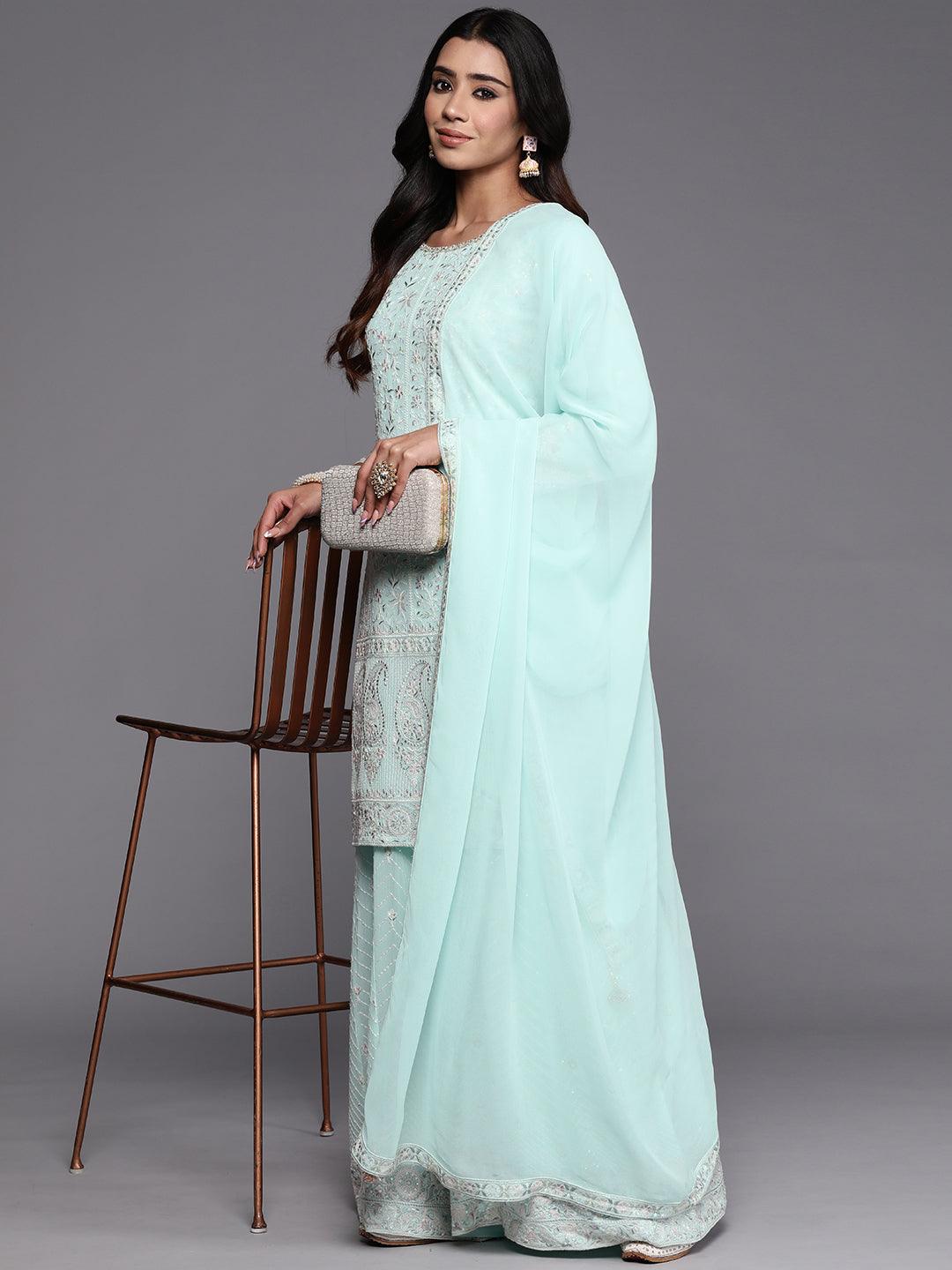 Jashvi Art Blue Embroidered Georgette Straight Kurta With Palazzos & Dupatta - Jashvi