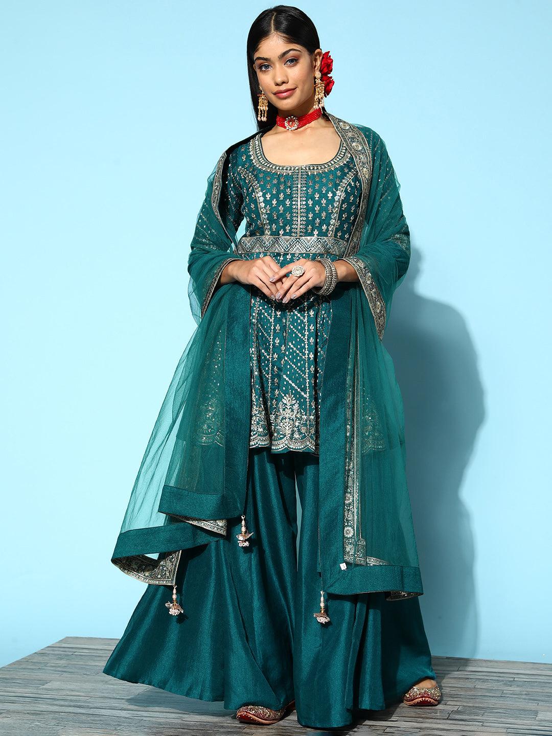 Jashvi Art Blue Embroidered Silk A-Line Suit Set With Palazzos - Jashvi