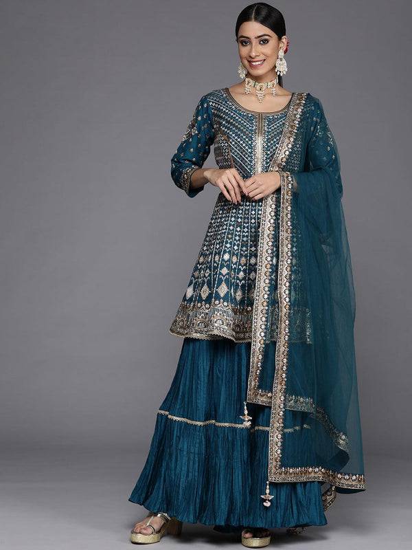 Jashvi Art Blue Embroidered Silk Anarkali Suit Set - Jashvi