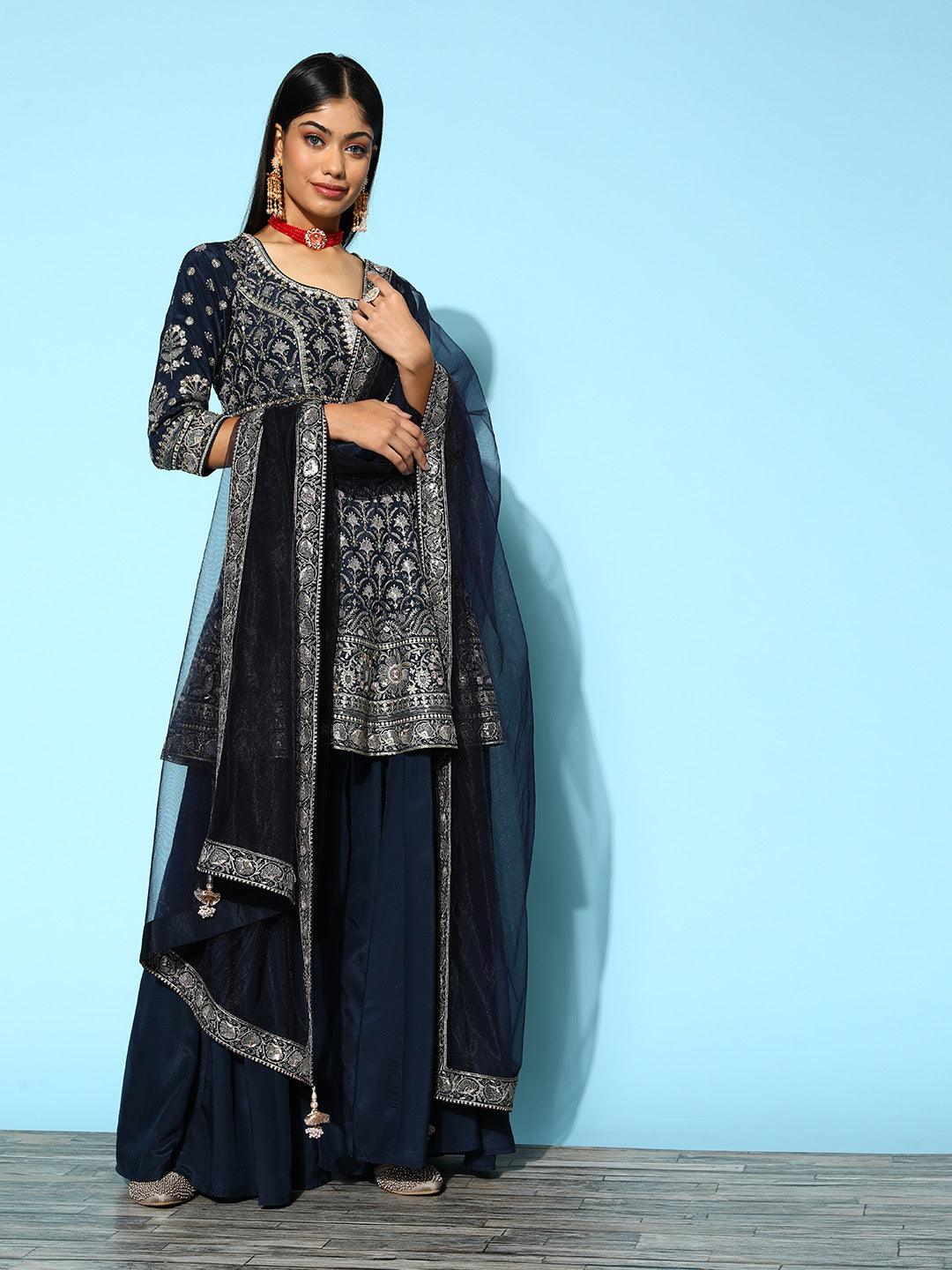 Jashvi Blue Embroidered Silk Anarkali Suit Set With Palazzos - Jashvi