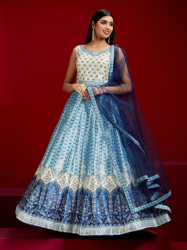 Jashvi Art Blue Printed Silk Gown - Jashvi