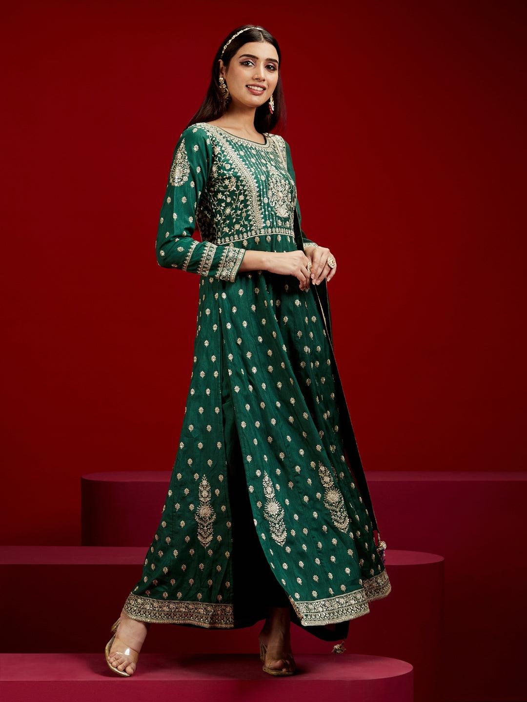 Jashvi Art Bottle Green Embroidered Silk A-Line Kurta With Trousers & Dupatta - Jashvi