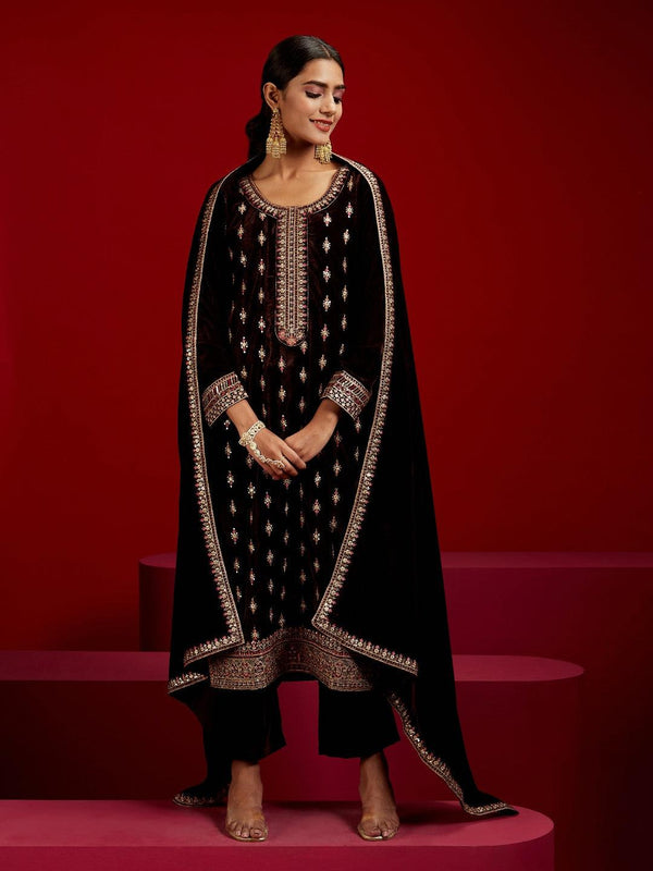 Jashvi Art Brown Embroidered Velvet Straight Kurta With Trousers & Dupatta - Jashvi