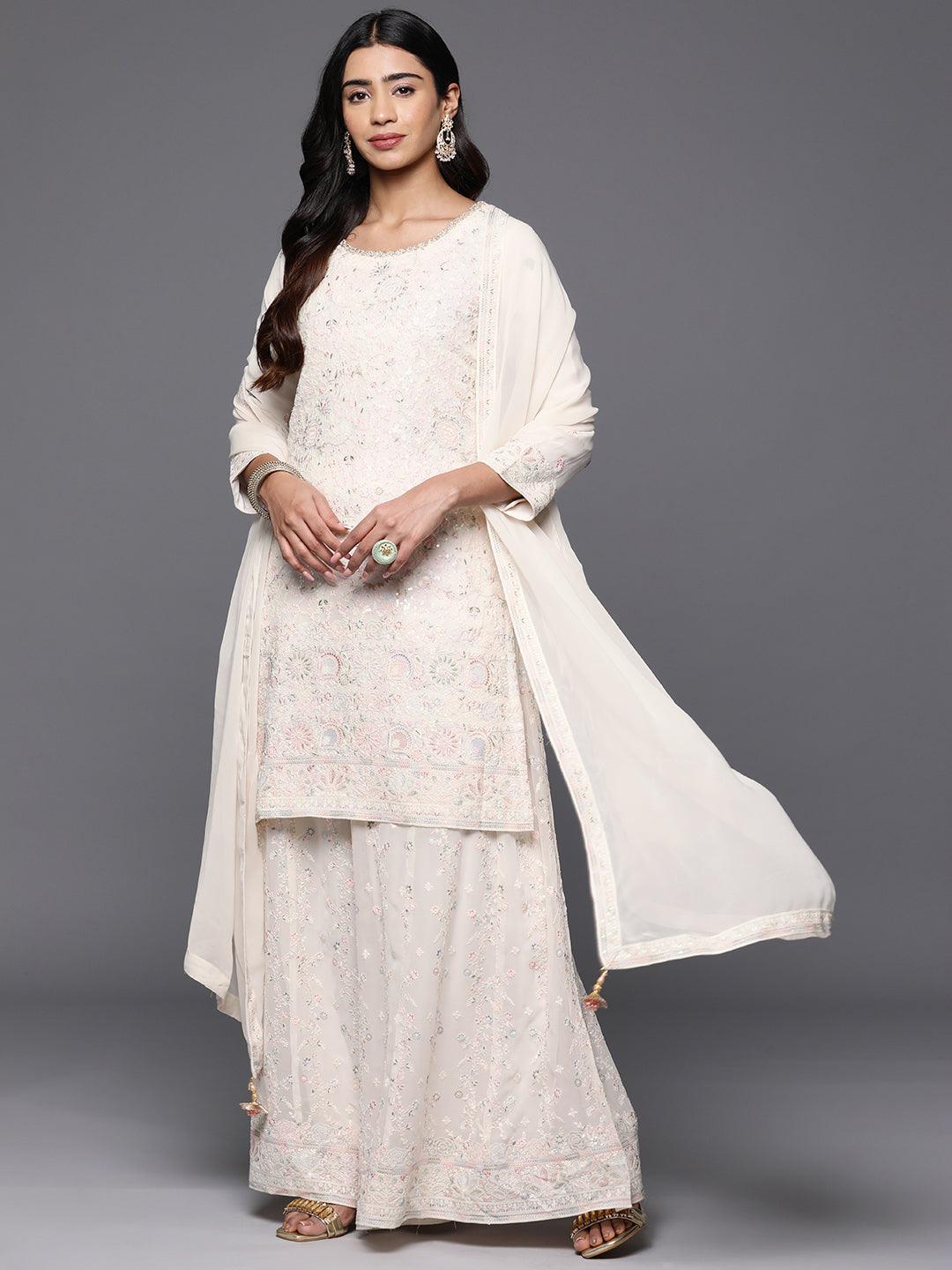 Jashvi Art Cream Embroidered Georgette Straight Kurta With Palazzos & Dupatta - Jashvi