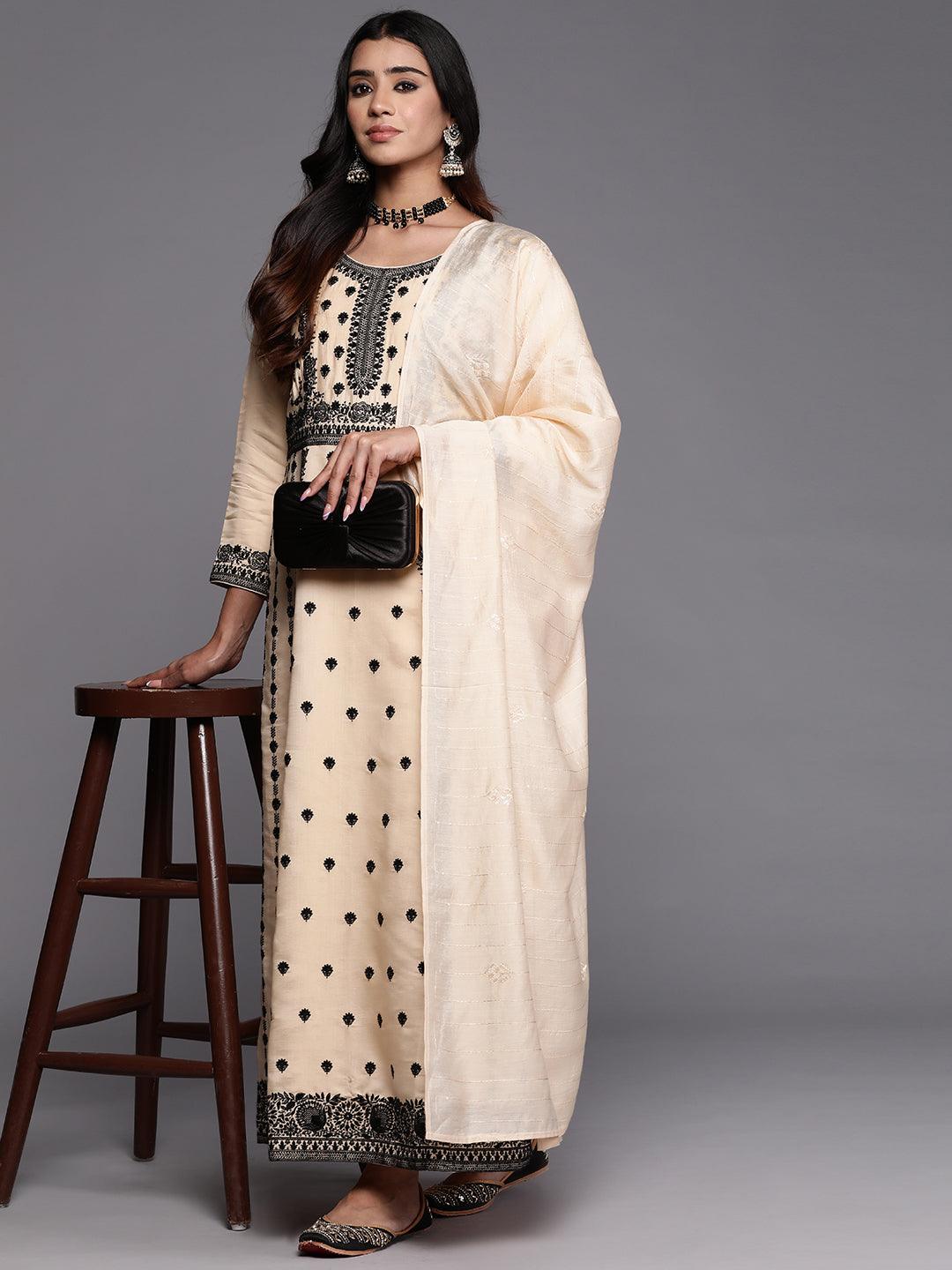 Jashvi Art Cream Embroidered Silk Blend A-Line Kurta With Trousers & Dupatta - Jashvi