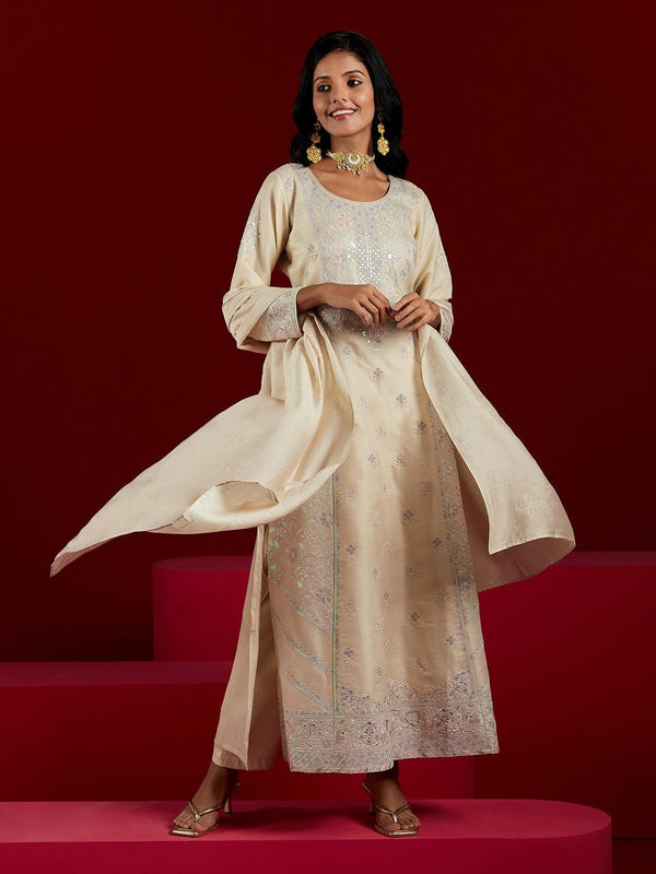 Jashvi Art Cream Embroidered Silk Blend A-Line Kurta With Trousers & Dupatta - Jashvi