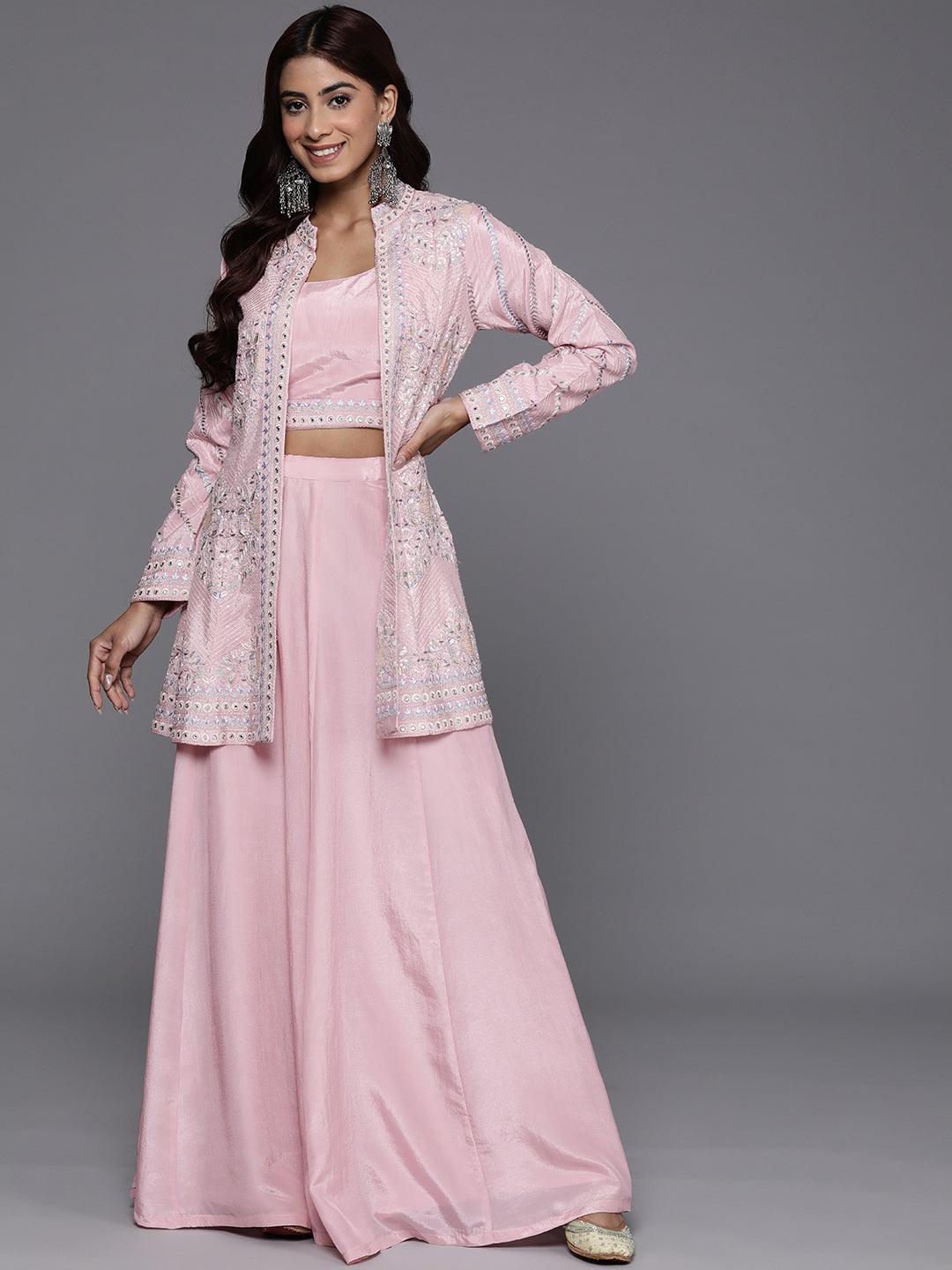 Jashvi Art Dusky Pink Embroidered Silk Blend Top With Palazzos & Jacket - Jashvi