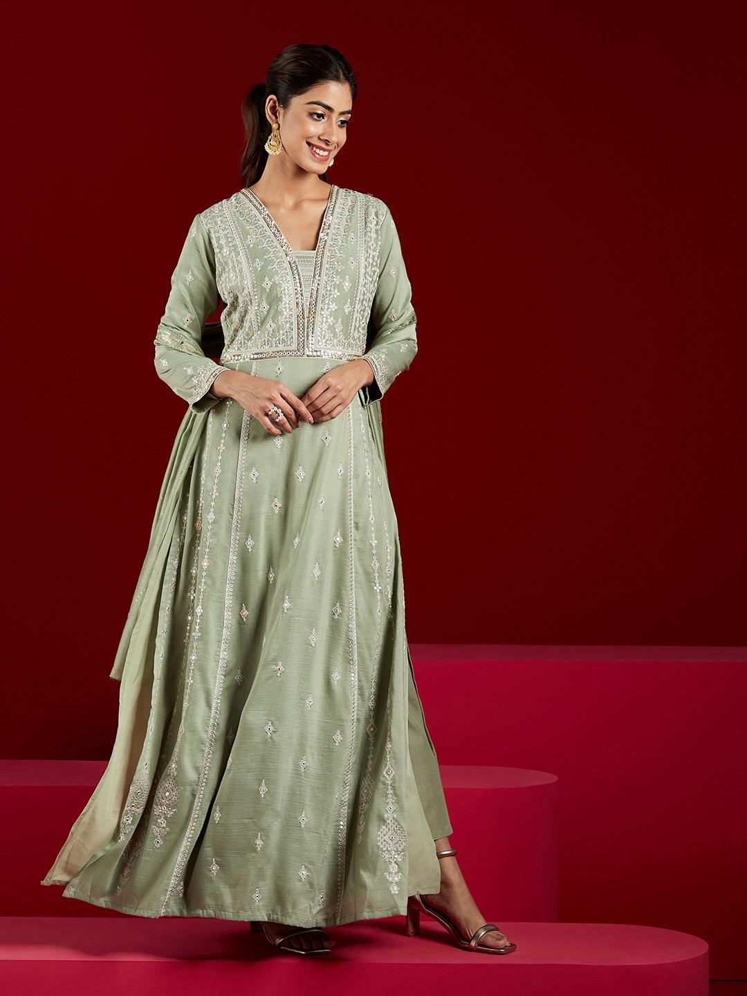 Jashvi Art Dusty Green Embroidered Silk Blend A-Line Kurta With Trousers & Dupatta - Jashvi