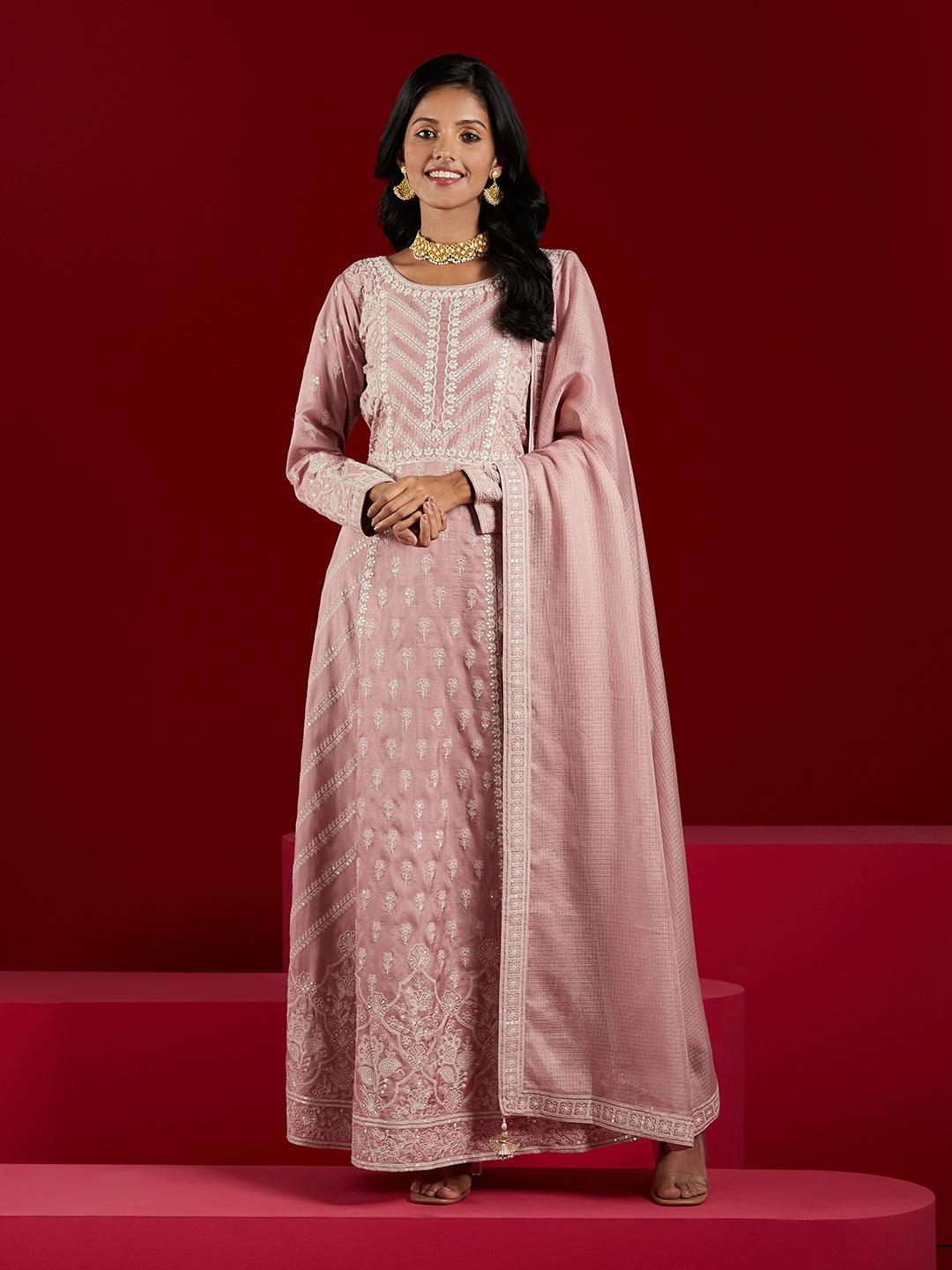 Jashvi Art Dusty Pink Embroidered Silk A-Line Kurta With Trousers & Dupatta - Jashvi