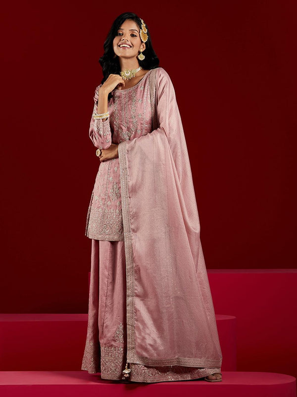 Jashvi Art Dusty Pink Embroidered Silk A-Line Kurti With Palazzos & Dupatta - Jashvi