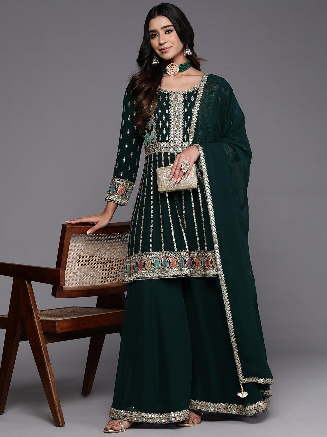 Jashvi Art Green Embroidered Georgette Anarkali Kurta With Palazzos & Dupatta - Jashvi