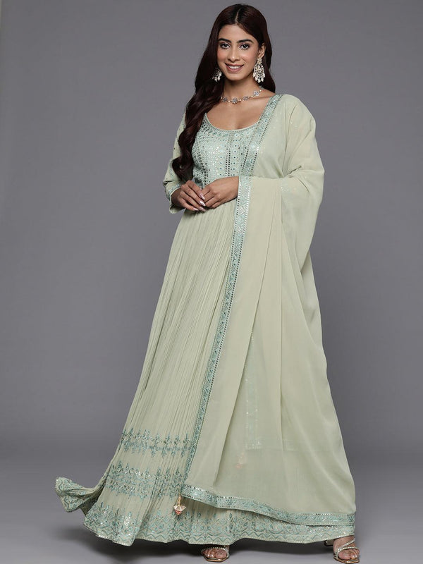 Jashvi Art Green Embroidered Georgette Anarkali Kurta With Trousers & Dupatta - Jashvi