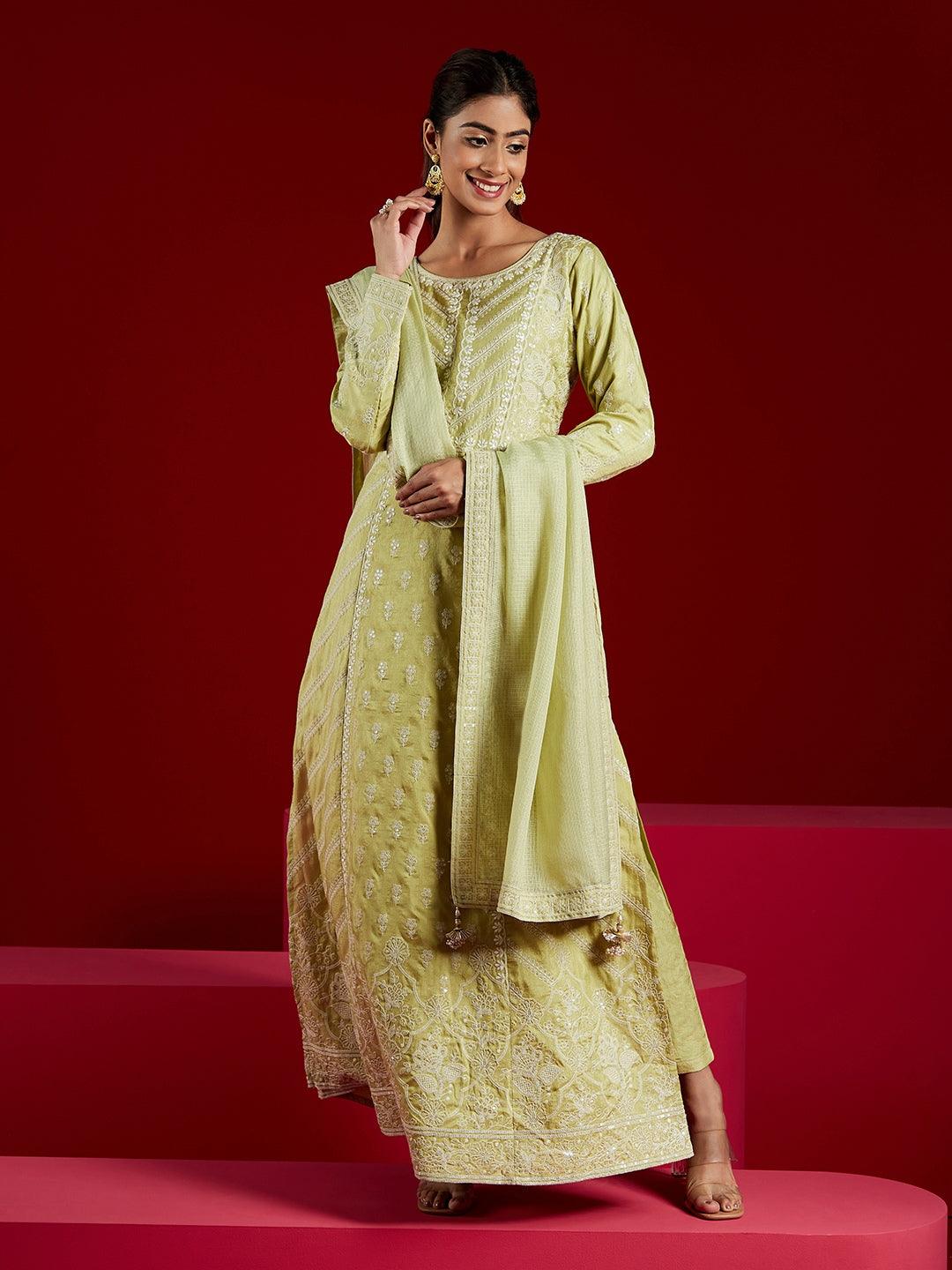 Jashvi Art Green Embroidered Silk A-Line Kurta With Trousers & Dupatta - Jashvi