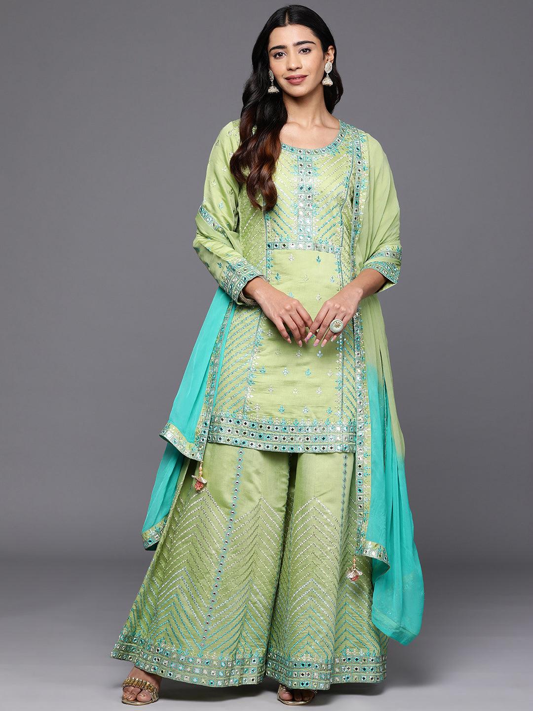 Jashvi Art Green Embroidered Silk Blend Straight Kurta With Palazzos & Dupatta - Jashvi