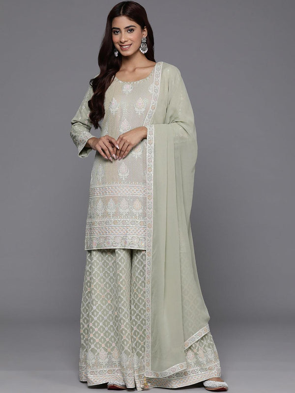 Jashvi Art Green Self Design Georgette Straight Kurta With Palazzos & Dupatta - Jashvi