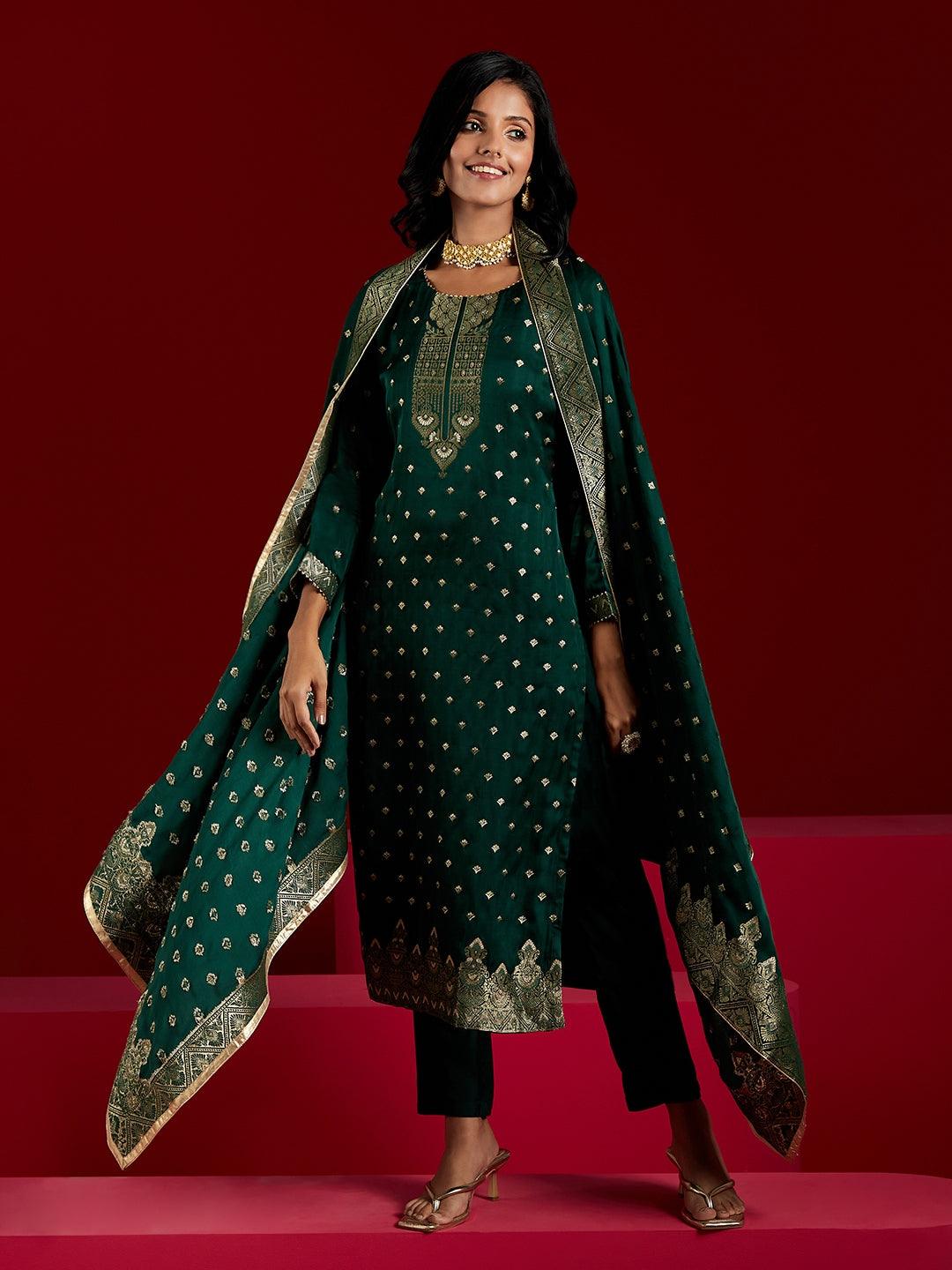 Jashvi Art Green Woven Design Silk Straight Kurta With Trousers & Dupatta - Jashvi