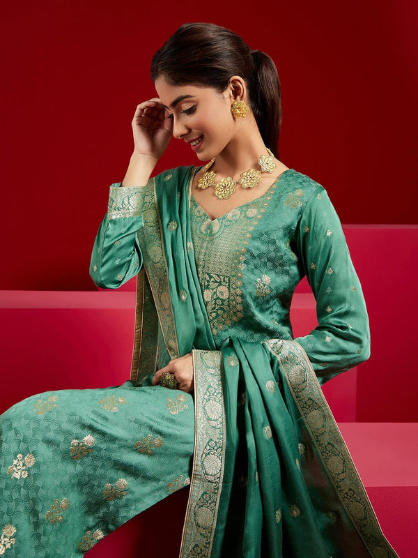 Jashvi Art Green Woven Design Silk Straight Suit With Dupatta