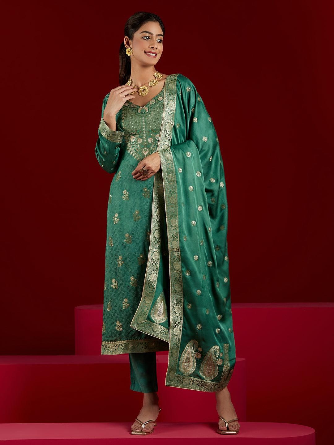 Jashvi Art Green Woven Design Silk Straight Suit With Dupatta - Jashvi