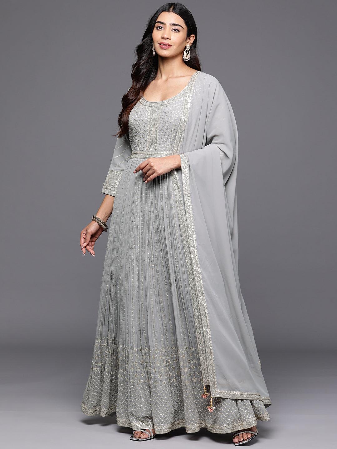 Jashvi Art Grey Embroidered Georgette Anarkali Kurta With Trousers & Dupatta - Jashvi