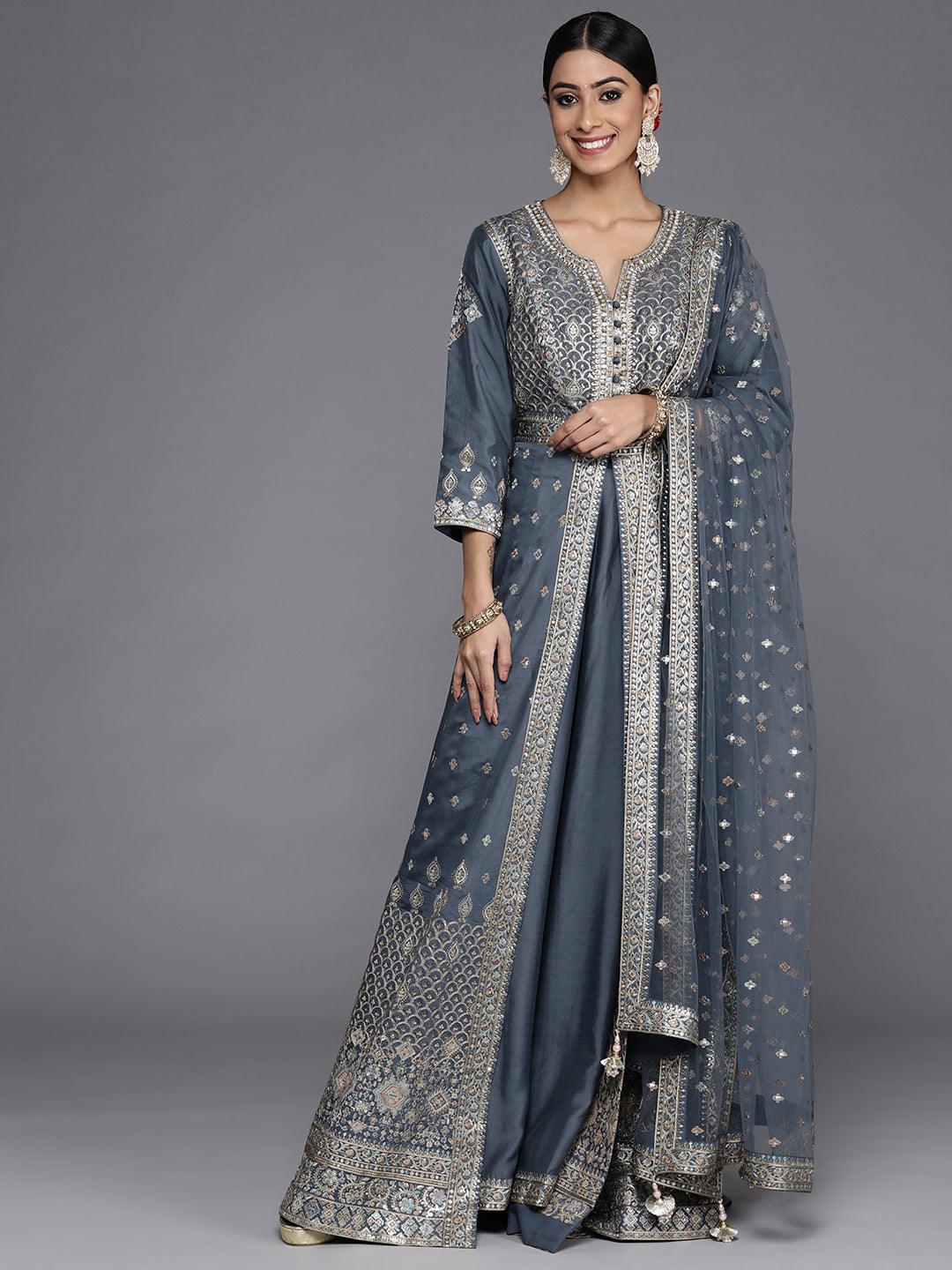 Jashvi Art Grey Embroidered Silk Anarkali Suit Set - Jashvi