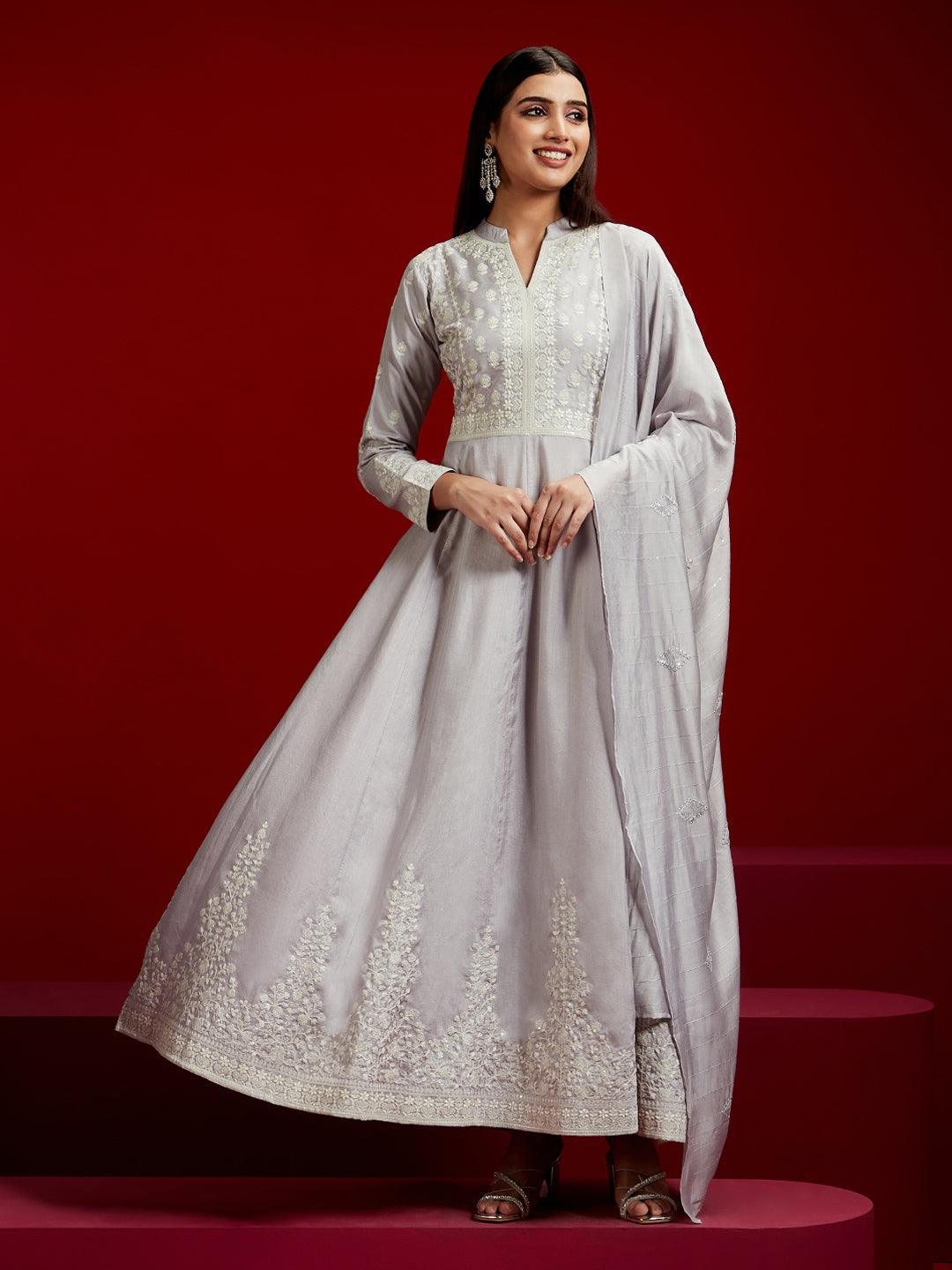 Jashvi Art Grey Embroidered Silk Blend A-Line Kurta With Trousers & Dupatta - Jashvi