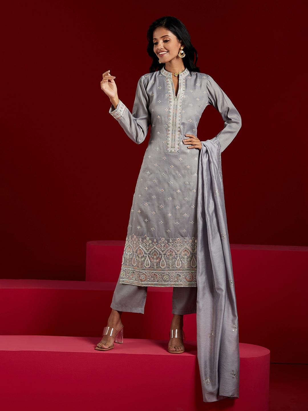 Jashvi Art Grey Embroidered Silk Blend Straight Kurta With Trousers & Dupatta - Jashvi