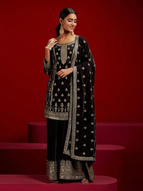 Jashvi Art Grey Embroidered Velvet Straight Kurta With Palazzos & Dupatta - Jashvi