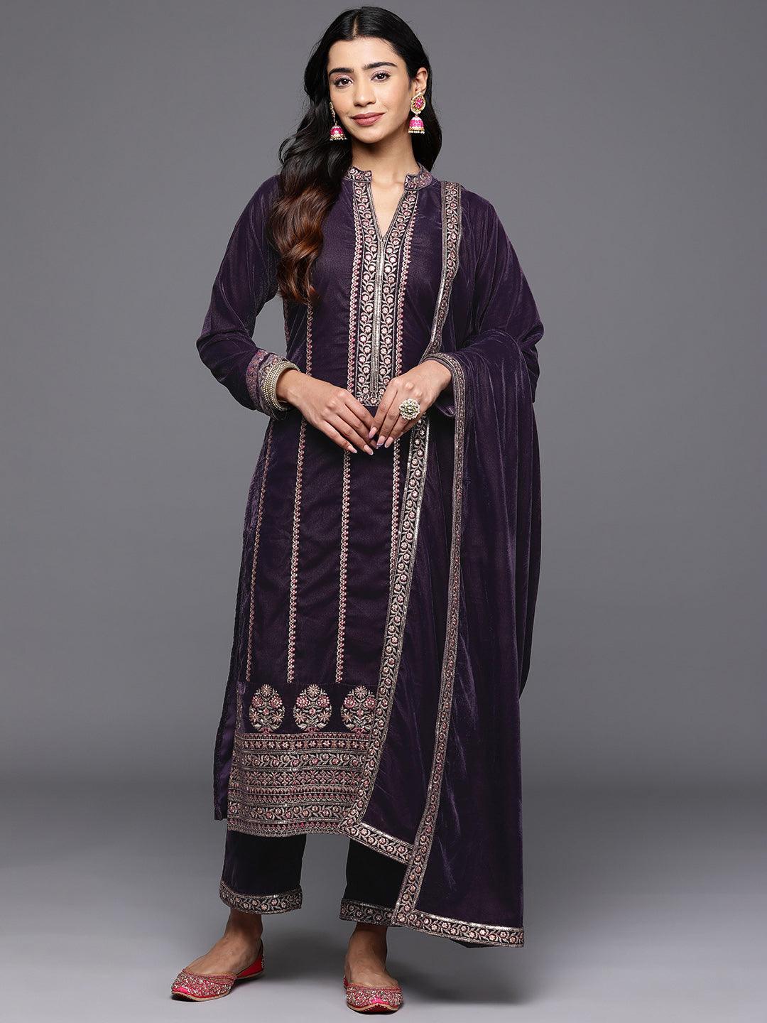 Jashvi Art Grey Embroidered Velvet Straight Kurta With Trousers & Dupatta - Jashvi