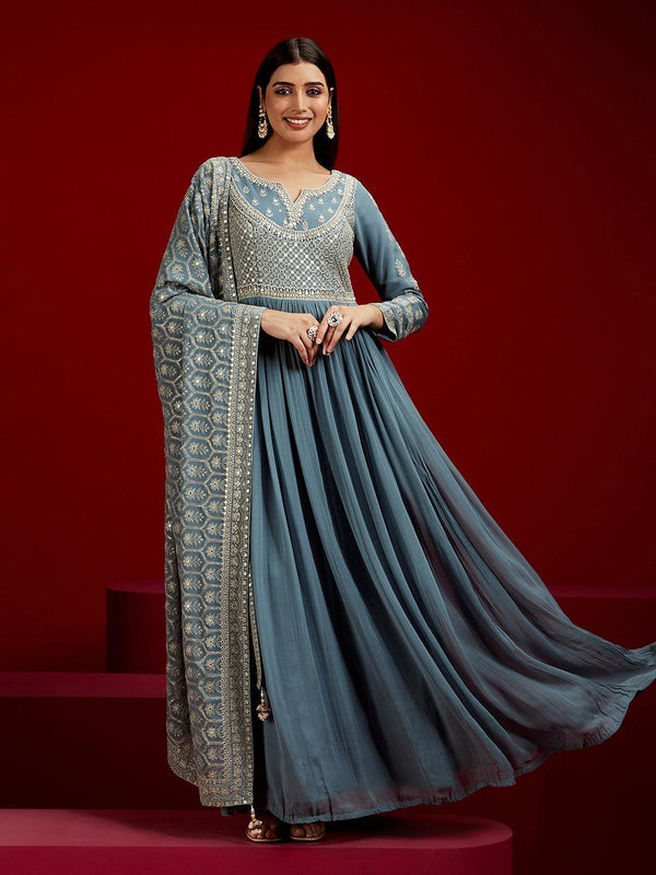 Jashvi Art Grey Yoke Design Georgette A-Line Kurta With Trousers & Dupatta - Jashvi